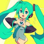 1girl :d black_sleeves blue_necktie commentary_request detached_sleeves green_eyes green_hair hair_between_eyes hatsune_miku headset heart heart_hands looking_at_viewer metata navel necktie open_mouth smile solo two-tone_background vocaloid 