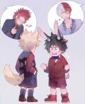  4boys animal_ear_fluff animal_ears bakugou_katsuki bangs black_bow black_legwear black_shirt black_shorts blonde_hair blue_bow blue_bowtie blue_eyes blush boku_no_hero_academia bow bowtie burn_scar child chromatic_aberration clenched_hands clenched_teeth closed_eyes clutching_chest commentary crispyfrites english_commentary english_text floral_print formal freckles from_behind green_hair grey_background grey_eyes grey_suit hand_on_own_chest hand_to_own_mouth hands_in_pockets heart heterochromia highres kirishima_eijirou layered_sleeves looking_at_another male_focus midoriya_izuku multicolored_hair multiple_boys necktie open_mouth rabbit_boy rabbit_ears rabbit_tail red_footwear red_hair red_necktie red_shorts red_suit scar scar_on_face shirt short_hair shorts speech_bubble spiked_hair split-color_hair spoken_character suit sweat tail tail_wagging teeth todoroki_shouto tongue tongue_out trembling white_hair wolf_boy wolf_ears wolf_tail younger 