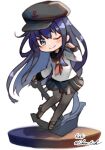  1girl akatsuki_(kancolle) anchor artist_name black_headwear black_pantyhose black_sailor_collar black_skirt blue_eyes eckert&amp;eich flat_cap full_body hat kantai_collection long_hair long_sleeves neckerchief one-hour_drawing_challenge one_eye_closed pantyhose pedestal pleated_skirt purple_hair red_neckerchief sailor_collar sailor_shirt shirt simple_background skirt smile solo standing twitter_username white_background white_shirt 