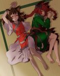  2girls animal_ear_fluff animal_ears artist_request barefoot black_bow bow braid brown_hair cat_ears cat_tail chen closed_eyes dress feet fetal_position friends green_dress highres intertwined_tails kaenbyou_rin long_hair lying multiple_girls multiple_tails non-web_source on_floor open_mouth red_dress red_hair saliva short_hair sleeping soles source_request tail tatami toes touhou twin_braids two_tails yuri 