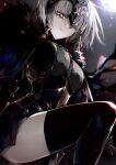  1girl absurdres armor armored_dress black_armor black_cape black_dress black_thighhighs breasts cape dress fate/samurai_remnant fate_(series) fire full_moon fur-trimmed_cape fur_trim gauntlets grey_hair headpiece highres jeanne_d&#039;arc_alter_(fate) jeanne_d&#039;arc_alter_(lancer)_(fate) kino_kokko large_breasts leg_up light_smile looking_at_viewer looking_down moon plackart short_hair smile solo teeth thighhighs thighs yellow_eyes 