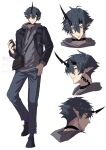  1boy alternate_costume arknights black_bag black_footwear black_jacket blue_hair blue_pants can commentary_request cropped_head expressions flamebringer_(arknights) full_body grey_hoodie holding holding_can hood hoodie horns infection_monitor_(arknights) jacket looking_at_viewer looking_back male_focus material_growth multiple_views oripathy_lesion_(arknights) pants pointy_ears profile short_hair simple_background single_horn white_background wn_(wani-noko) yellow_eyes 