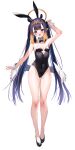  1girl :d absurdres alternate_costume animal_ears bare_legs bare_shoulders black_footwear black_leotard blue_eyes breasts covered_navel fake_animal_ears fake_tail halo highres hololive hololive_english leotard long_hair looking_at_viewer low_wings maru_ccy ninomae_ina&#039;nis open_mouth orange_halo playboy_bunny purple_hair rabbit_ears rabbit_tail shoes small_breasts smile solo tail very_long_hair virtual_youtuber white_wings wings 
