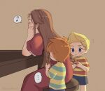  1girl 2boys blonde_hair blue_eyes blue_shorts braiding_hair brothers brown_hair claus_(mother_3) closed_eyes dress hairdressing hand_on_own_face highres hinawa light_brown_background light_brown_hair long_hair looking_at_hands lucas_(mother_3) mother_(game) mother_3 mother_and_son multiple_boys musical_note norakinura red_dress serious shirt short_hair short_sleeves shorts siblings simple_background sitting standing striped_clothes striped_shirt sweatdrop whistling 