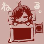  1girl ahoge backbeako backbeard blanket chibi closed_eyes commentary_request gegege_no_kitarou hair_down hair_over_one_eye long_hair monochrome original pillow pointy_ears simple_background sleeping smile solo torotei translation_request under_covers 
