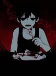  2boys arm_at_side bare_arms black_eyes black_footwear black_hair black_sweater_vest black_tank_top blood blood_on_clothes colored_skin dual_persona eating fork grey_shorts guro hair_between_eyes highres holding holding_fork multiple_boys no_pupils omo_taru omori omori_(omori) open_mouth plate red_background shirt short_hair short_sleeves shorts sunny_(omori) sweater_vest tank_top teeth white_shirt white_skin 