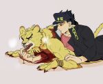 anthro blood blood_from_wound blood_on_face blood_on_finger bodily_fluids boni_(artist) bracelet claws dio_brando duo felid gore hi_res human jewelry jojo&#039;s_bizarre_adventure jotaro_kujo lion lips male mammal muscular muscular_male pantherine perforating_wound stab sweat sweatdrop tail teeth wounded