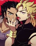  2boys black_hair black_shirt blonde_hair blue_eyes closed_mouth collarbone dio_brando earrings fingernails gold_bracelet jewelry jojo_no_kimyou_na_bouken kotorai kujo_jotaro male_focus multiple_boys open_mouth pectorals purple_shirt red_background red_eyes sharp_fingernails shirt signature thick_eyebrows tongue tongue_out v-shaped_eyebrows yaoi 