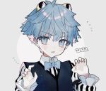  1boy 2022 animal_ears antenna_hair black_shirt blue_bow blue_bowtie blue_eyes blue_hair blue_vest blush bow bowtie chinese_zodiac claw_pose collared_shirt colored_inner_hair commentary fang fate/extra fate/extra_ccc fate/grand_order fate_(series) hair_between_eyes hands_up hans_christian_andersen_(fate) looking_at_viewer male_focus multicolored_hair open_mouth pink_hair pith_u shirt short_hair skin_fang solo striped_clothes striped_shirt tiger_ears two-tone_shirt upper_body vertical-striped_clothes vertical-striped_shirt vest white_shirt year_of_the_tiger 