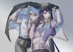  1boy 1girl arm_up black_coat blue_hair blunt_bangs coat coat_over_head contemporary genshin_impact grey_background grey_pants hair_between_eyes hair_down highres hood hoodie kamisato_ayato light_blue_hair long_hair looking_ahead looking_to_the_side mole mole_under_eye mole_under_mouth pants purple_eyes purple_hair purple_hoodie raiden_shogun shirt simple_background sweatdrop torso_grab white_shirt zai_aoye_wo_shi_gou 