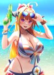  1girl ahoge aviator_sunglasses bangle beach bikini blonde_hair blue_bikini blue_bow blue_sky blunt_bangs bow bracelet braid breasts day dragon_girl dragon_horns eyewear_on_head fangs french_braid front-tie_bikini_top front-tie_top hairband highleg highleg_bikini highres hololive hololive_summer_2023_swimsuit horizon horn_bow horn_ornament horns jewelry kiryu_coco large_breasts layered_bikini long_hair looking_at_viewer multicolored_hair ocean open_mouth orange_bikini orange_hair outdoors pointy_ears ponytail purple_eyes red_eyes side_braid sky smile solo streaked_hair striped_bikini striped_clothes sunglasses swimsuit two-tone_bikini two-tone_eyes virtual_youtuber water water_gun white_bikini zabudog777 