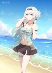  1girl :d babydoll beach black_hairband black_skirt blue_babydoll blue_eyes blue_hair blue_pupils blue_sky breasts bridal_garter cleavage cloud collarbone day detached_sleeves dot_nose feet_out_of_frame firefly_(honkai:_star_rail) gradient_hair hair_bun hair_intakes hairband hand_in_own_hair hand_on_own_chest hand_up honkai:_star_rail honkai_(series) horizon large_breasts legs_together looking_at_viewer miniskirt multicolored_hair navel ocean open_mouth outdoors pink_eyes pleated_skirt restra25 sand see-through_babydoll short_sleeves single_side_bun skirt sky smile solo standing stomach two-tone_eyes water watermark white_hair white_sleeves 