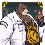 anthro bear ben_(zenless_zone_zero) black_clothing black_shirt black_topwear brown_body brown_fur chain_necklace clothed clothing fur hi_res holidays jacket jewelry male male_anthro mammal mihoyo necklace open_clothing open_jacket open_topwear overweight overweight_anthro overweight_male shirt shyybuchi solo topwear valentine&#039;s_day white_clothing white_jacket white_topwear zenless_zone_zero
