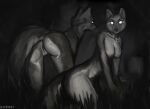  2022 all_fours anthro canid canine canis coyote dark dark_theme digital_media_(artwork) digital_painting_(artwork) duo female genitals glowing glowing_eyes grass humanoid_genitalia humanoid_pussy looking_at_viewer mammal monochrome night nude outside plant pussy ratatooey shaded signature 