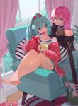  2girls absurdres acr_(dash) aqua_eyes aqua_hair aqua_shorts armchair bare_legs bare_shoulders barefoot belt_choker black_choker black_shirt blue_eyes bow breasts candy chair character_doll choker cleavage commentary_request cross cross_earrings curtains day earrings electric_guitar feet food guitar hair_between_eyes hair_bow hand_on_own_face hatsune_miku high_ponytail highres indoors instrument jacket jewelry kagamine_rin light_smile lollipop long_hair looking_at_viewer medium_breasts megurine_luka multiple_girls necktie off-shoulder_shirt off_shoulder open_clothes open_jacket pillow pink_curtains pink_hair plant purple_nails red_bow red_jacket red_nails rug shirt shoes shorts sidelocks sitting sleeves_past_wrists slippers star_(symbol) star_earrings striped_pillow toenails toes unworn_shoes vocaloid white_shirt window zipper 