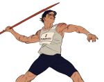  1boy black_hair blue_headwear brown_eyes character_name chengongzi123 closed_mouth commentary golden_kamuy grey_tank_top hands_up highres holding holding_javelin javelin_(spear) looking_to_the_side male_focus olympics playing_sports scar scar_on_arm scar_on_face scar_on_shoulder short_hair shorts simple_background standing sugimoto_saichi symbol-only_commentary tank_top tongue tongue_out visor_cap white_background 