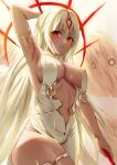  1girl absurdres angel_wings arm_up armpits azur_lane breast_curtains breasts center_opening cowboy_shot dark-skinned_female dark_skin dress english_commentary feathered_wings hair_between_eyes highres holding large_breasts large_wings long_hair looking_at_viewer navel red_eyes sao_martinho_(azur_lane) saure_teigtasche side_slit solo very_long_hair white_dress white_hair white_wings wings 