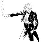  1boy bow bowtie chief_(chiefvinsmoke) cigarette closed_mouth coat collared_shirt cowboy_shot curly_eyebrows facial_hair hair_over_one_eye holding holding_cigarette long_sleeves looking_to_the_side male_focus monochrome musical_note one_piece open_clothes open_coat pants sanji_(one_piece) shirt short_hair smoke solo tailcoat traditional_bowtie 