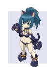  1girl animal_costume animal_ears animal_hands bell bikini black_bikini blue_eyes blue_hair breasts cat_costume cat_ears cat_paws cat_tail chibi earrings full_body highres jewelry jingle_bell kanosamu leona_heidern o-ring o-ring_bikini ponytail simple_background snk_heroines:_tag_team_frenzy solo swimsuit tail the_king_of_fighters 