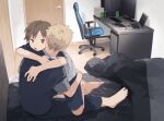  2boys 50off barefoot bed bedroom black_eyes black_hair blonde_hair can chair computer desk door feet gaming_chair highres hug laptop male_focus manga_(object) monitor multiple_boys on_bed on_lap open_mouth original pants shirt short_sleeves shorts sitting spike_piercing straddling swivel_chair toes trash_can upright_straddle yaoi 