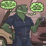 anthro car clothing controller garage grease_stains hand_on_hip hi_res jumpsuit larry_(nanoff) lizard male mechanic nanoff remote_control reptile scalie solo standing vehicle