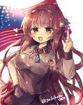  1girl american_flag black_skirt blunt_bangs blush breasts brown_hair collared_shirt corrupted_twitter_file green_eyes headgear heart helena_(kancolle) highres kantai_collection long_hair long_sleeves looking_at_viewer medium_breasts multicolored_hair one-hour_drawing_challenge open_mouth red_hair shirt simple_background skirt solo twitter_username very_long_hair white_background yukikaze2828 