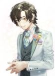  1boy ascot black_hair black_vest blue_ascot brown_eyes collared_shirt fingernails flower formal jacket jude_mathis looking_at_viewer male_focus own_hands_together parted_lips pink_flower pink_rose pon52io rose shirt short_hair solo tales_of_(series) tales_of_xillia vest white_background white_jacket white_shirt 