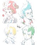  4boys :3 ahoge alternate_costume antlers bandaid bandaid_on_face bandaid_on_nose black_eyes blonde_hair blue_eyes blue_hair blush brown_hair cherry_blossoms cigarette collared_shirt commentary curly_eyebrows earrings expressionless franky_(one_piece) green_hair grey_eyes hair_over_one_eye hat hawaiian_shirt horns humanization jewelry korean_text long_bangs looking_to_the_side male_focus mob0322 multiple_boys one_piece reindeer_antlers roronoa_zoro sanji_(one_piece) school_uniform shirt short_hair sideburns single_earring smile spiked_hair suit sweat sweatdrop tony_tony_chopper translation_request uniform upper_body yellow_eyes 
