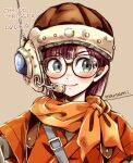  1girl artist_name blush brown_background brown_headwear character_name chrono_trigger closed_mouth commentary copyright_name green_eyes headset helmet looking_at_viewer lucca_ashtear medium_hair orange_scarf orange_tunic purple_hair scarf sideways_glance signature simple_background smile solo sugano_manami tunic upper_body 