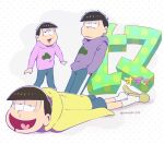  3boys brothers dotted_background drooling half-closed_eyes hands_in_pockets heart heart_in_mouth hood hoodie leaning_on_object looking_at_viewer lying matsuno_ichimatsu matsuno_jyushimatsu matsuno_todomatsu mouth_drool multiple_boys on_stomach open_mouth osomatsu-san pink_hoodie purple_hoodie shorts show_chiku-by siblings slippers snot translation_request yellow_hoodie 