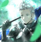  1boy armor closed_mouth fe_knights fire_emblem fire_emblem_fates green_eyes grey_hair highres lance male_focus polearm quiff shoulder_armor silas_(fire_emblem) weapon 