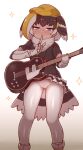  1girl asymmetrical_hair bird_girl bird_tail bird_wings black_hair blonde_hair blue_eyes blush cameltoe clothes_lift elbow_gloves feet_out_of_frame finger_to_mouth fingerless_gloves frilled_skirt frills fur_collar gloves great_hornbill_(kemono_friends) guitar half-closed_eyes hand_up hat head_wings highres holding holding_instrument index_finger_raised instrument jewelry kemono_friends legs_apart looking_at_viewer microskirt multicolored_hair pantyhose pendant shirt short_sleeves shushing skirt skirt_lift solo standing tail tanaka_kusao white_hair white_legwear wings 