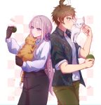  1boy 1girl ahoge animal animal_on_shoulder arm_up black_gloves black_pants black_ribbon black_shirt braid brown_hair brown_pants cat cat_on_shoulder closed_mouth cowboy_shot danganronpa:_trigger_happy_havoc danganronpa_(series) danganronpa_2:_goodbye_despair from_side gloves grey_hair grey_shirt hair_ribbon hand_up highres hinata_hajime holding holding_animal holding_cat kirigiri_kyoko long_hair long_sleeves open_clothes open_shirt pants profile ribbon serenade_(serenadepng) shirt short_sleeves side_braid smile 