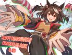  1girl absurdres ahoge animal_ears black_hair black_thighhighs breasts dated hair_between_eyes hair_ornament happy_birthday highres horse_ears horse_girl horse_tail kitasan_black_(umamusume) knees_together_feet_apart long_sleeves looking_at_viewer multicolored_hair open_mouth orange_eyes outstretched_arms reon_(dainagon_azuki) ribbon short_hair solo spread_arms streaked_hair tail thighhighs umamusume white_hair white_ribbon wide_sleeves 