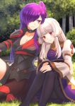 2girls breasts cleavage commission dress fire_emblem fire_emblem:_three_houses fire_emblem_warriors:_three_hopes fukuroumori hair_over_one_eye head_on_head head_rest large_breasts long_hair lysithea_von_ordelia multiple_girls official_alternate_costume official_alternate_hairstyle purple_eyes purple_hair red_eyes shez_(female)_(fire_emblem) shez_(fire_emblem) sitting skeb_commission smile white_dress white_hair yuri 