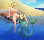 avalugg_(artist) beach duo female female/female hand_on_hip harbor hi_res human humanoid league_of_legends machine mammal marine merfolk metroid nami_(lol) nintendo nude riot_games samus_aran sand sitting split_form water wharf