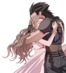  1boy 1girl aerith_gainsborough armor bangle bare_shoulders black_gloves black_hair bracelet brown_hair commentary couple cowboy_shot crisis_core_final_fantasy_vii dress final_fantasy final_fantasy_vii final_fantasy_vii_rebirth final_fantasy_vii_remake gloves hair_slicked_back hand_on_another&#039;s_head highres hug jewelry long_hair pink_dress ribbed_sweater shoulder_armor sleeveless sleeveless_dress sleeveless_turtleneck spiked_hair sweater sylvthea tears turtleneck turtleneck_sweater white_background zack_fair 