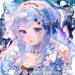  1girl artist_name black_bow black_bowtie blue_bow blue_bracelet blue_eyes blue_hair blue_hairband blue_ribbon blue_shirt blue_sleeves bow bowtie bug butterfly butterfly_on_hand chinese_commentary choker club_hair_ornament collar collarbone collared_shirt commentary_request eyelashes forest frilled_bracelet frilled_choker frilled_hair_tubes frilled_hairband frilled_shirt_collar frills hair_bow hair_ornament hair_tubes hairband hairclip highres light_smile long_hair looking_at_viewer marking_on_cheek mubai_jiang nature neck_ribbon original outdoors parted_lips pink_lips purple_butterfly red_hairband ribbon sample_watermark shirt sidelocks solo spade_hair_ornament teeth two-tone_hairband upper_body watermark weibo_logo weibo_username white_collar x_hair_ornament 