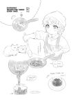  1girl absurdres apron cat cooking frying_pan greyscale hatoba_tsugu highres holding holding_spatula jam jar mole mole_under_eye monochrome nekopantsu_(blt) pouring shirt short_hair solo spatula tsugu_(vtuber) virtual_youtuber 