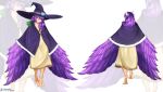  1girl bird_legs black_cape black_headwear braid cape commentary commission dress english_commentary feather_hair feathered_wings feathers fur-trimmed_cape fur_trim goggles goggles_on_headwear green_eyes harpy hat heterochromia highres likunea long_hair monster_girl multiple_views original patreon_username pointy_ears purple_feathers purple_wings red-framed_eyewear semi-rimless_eyewear single_braid smile talons twitter_username white_background winged_arms wings witch_hat yellow_dress yellow_eyes zoom_layer 
