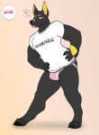 adastra adastra_(series) anthro anubian_jackal blush canid canine canis chromawolf clothing echo_project facial_piercing heart_symbol hi_res jackal jockstrap male mammal neferu_(adastra) nose_piercing pecs piercing shirt solo thick_thighs tongue tongue_out topwear underwear