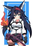  1girl :d absurdres animal_ears arknights arm_at_side belt black_belt black_gloves black_hair black_skirt blaze_(arknights) blue_background blue_eyes blush border breasts buckle cat_ears cat_girl collarbone collared_jacket cowboy_shot dot_nose fire flaming_hand gloves grin hair_between_eyes hair_intakes hairband hand_up hendra highres inset_border jacket large_breasts legs_apart long_hair looking_at_viewer miniskirt open_clothes open_jacket open_mouth partially_unzipped pyrokinesis red_hairband shirt sidelocks signature simple_background skirt smile solo teeth thighs v-neck v-shaped_eyebrows white_border white_jacket white_shirt 