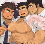  3boys abs alternate_pectoral_size bara black_hair blush brown_hair crave_saga dress_shirt eye_contact facial_hair formal goatee hair_slicked_back highres kaeru333938123 kousuke_tsukumo large_pectorals looking_at_another looking_at_viewer male_focus mamoru_(crave_saga) multiple_boys muscular muscular_male necktie nipple_stimulation nipple_tweak nipples open_clothes open_shirt pectorals protagonist_(crave_saga) salaryman shirt short_hair suit sweat sweaty_clothes thick_eyebrows transparent very_sweaty yaoi 