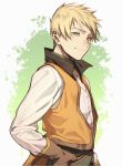  1boy blonde_hair brown_gloves buttons closed_mouth corrupted_twitter_file from_side gloves green_eyes guy_cecil highres jacket long_sleeves looking_at_viewer male_focus orange_jacket pon52io shirt short_hair smile solo tales_of_(series) tales_of_the_abyss upper_body white_shirt 