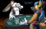  anthro beverage blush butt canid canine catmonkshiro diaper drinking duo embarrassed english_text fox lagomorph laxative laxatives leporid male mammal poker poker_table rabbit smug text 