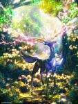  artist_name blue_eyes blurry commentary_request day ekm flower full_body glowing highres looking_up no_humans outdoors pokemon pokemon_(creature) standing watermark xerneas 