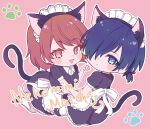  1boy 1girl animal_ears apron black_dress black_footwear blue_eyes blue_hair blush_stickers brown_eyes brown_hair cat_ears cat_tail chibi closed_mouth commentary_request crossdressing dress full_body hair_over_one_eye harumaki_tokage highres looking_at_viewer low_ponytail maid maid_apron maid_headdress official_alternate_costume open_mouth paw_pose persona persona_3 pink_background puffy_short_sleeves puffy_sleeves short_hair short_sleeves tail takeba_yukari thighhighs white_apron white_thighhighs yuuki_makoto_(persona_3) 