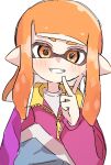  1girl blush grin highres inkling inkling_girl inkling_player_character jacket long_hair multicolored_clothes multicolored_jacket orange_eyes orange_hair pointy_ears shirt sif_ly smile solo splatoon_(series) teeth tentacle_hair upper_body v white_background white_shirt zipper zipper_pull_tab 