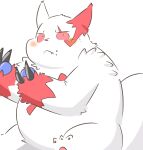  2022 anthro belly blush food fruit hi_res kemono nintendo overweight plant pok&eacute;mon pok&eacute;mon_(species) puss3250 red_body simple_background sitting solo video_games white_background white_body zangoose 