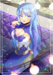  1girl :d blue_dress blue_eyes blue_hair blue_lotus_(flower_knight_girl) blurry blurry_background blurry_foreground blush breasts cleavage cleavage_cutout clothing_cutout commentary_request commission couch depth_of_field dress flower_knight_girl hair_between_eyes hand_up kou_hiyoyo long_sleeves looking_at_viewer medium_breasts mole mole_under_eye on_couch sitting skeb_commission smile solo thighhighs white_thighhighs 